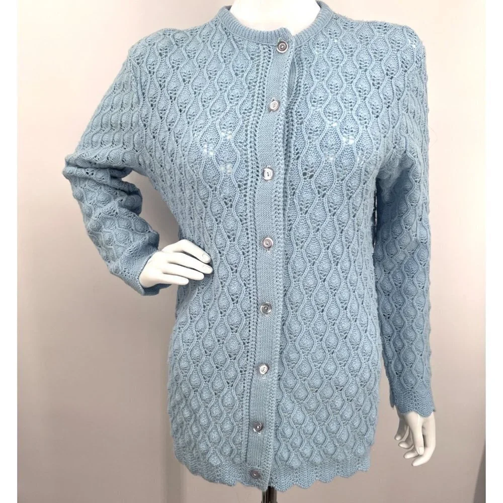 Vintage‎ 70s Buck & Buck Candle Flame Lace Knit Cardigan Grandma L-XL